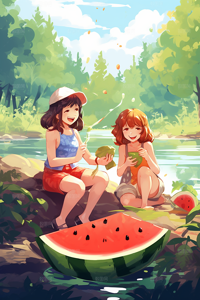 学生放暑假手绘旅游插画