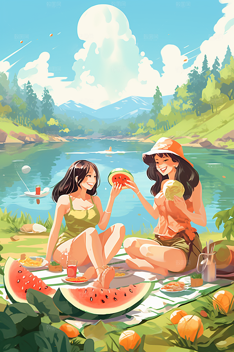 学生放暑假毕业旅游旅游插画