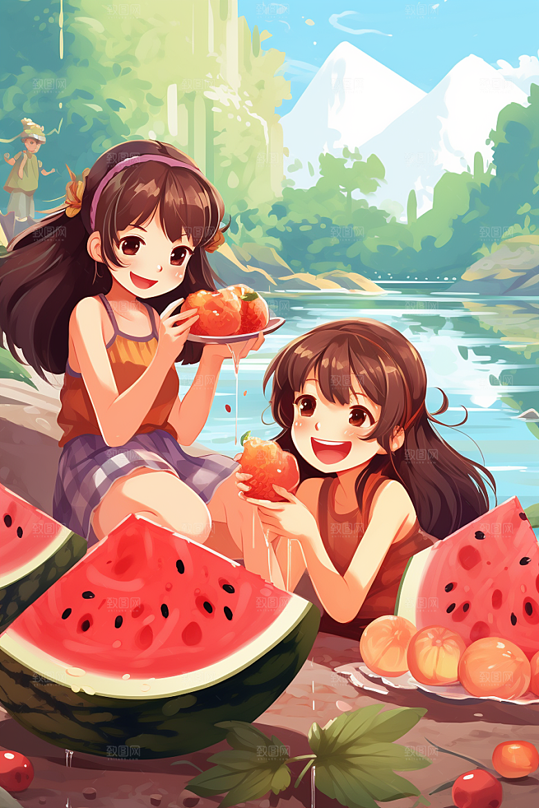 学生放暑假出游结伴插画