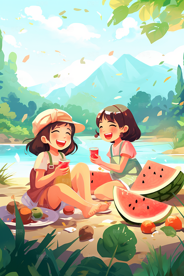 学生放暑假结业旅游插画