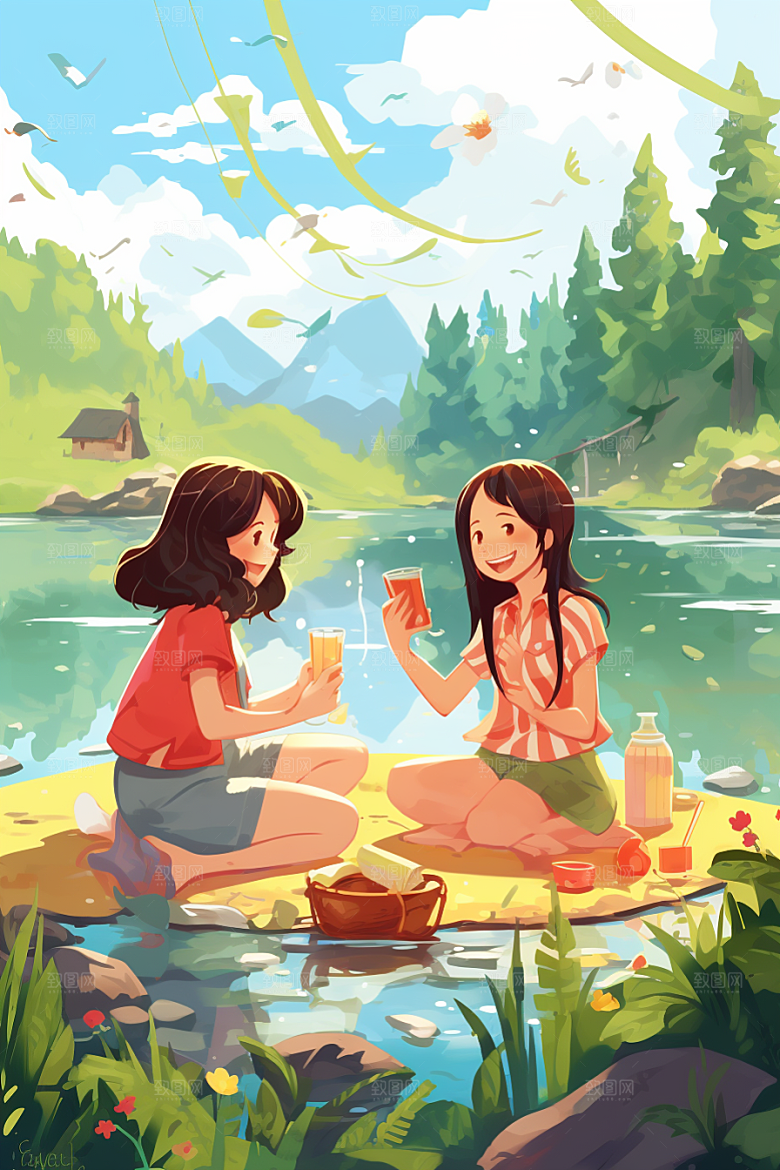 学生放暑假手绘毕业旅游插画