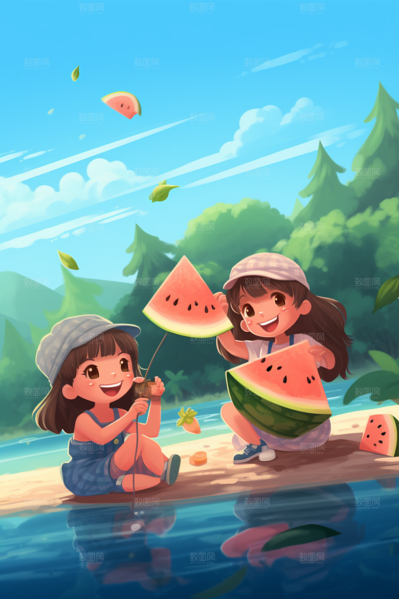 学生放暑假出游结业插画