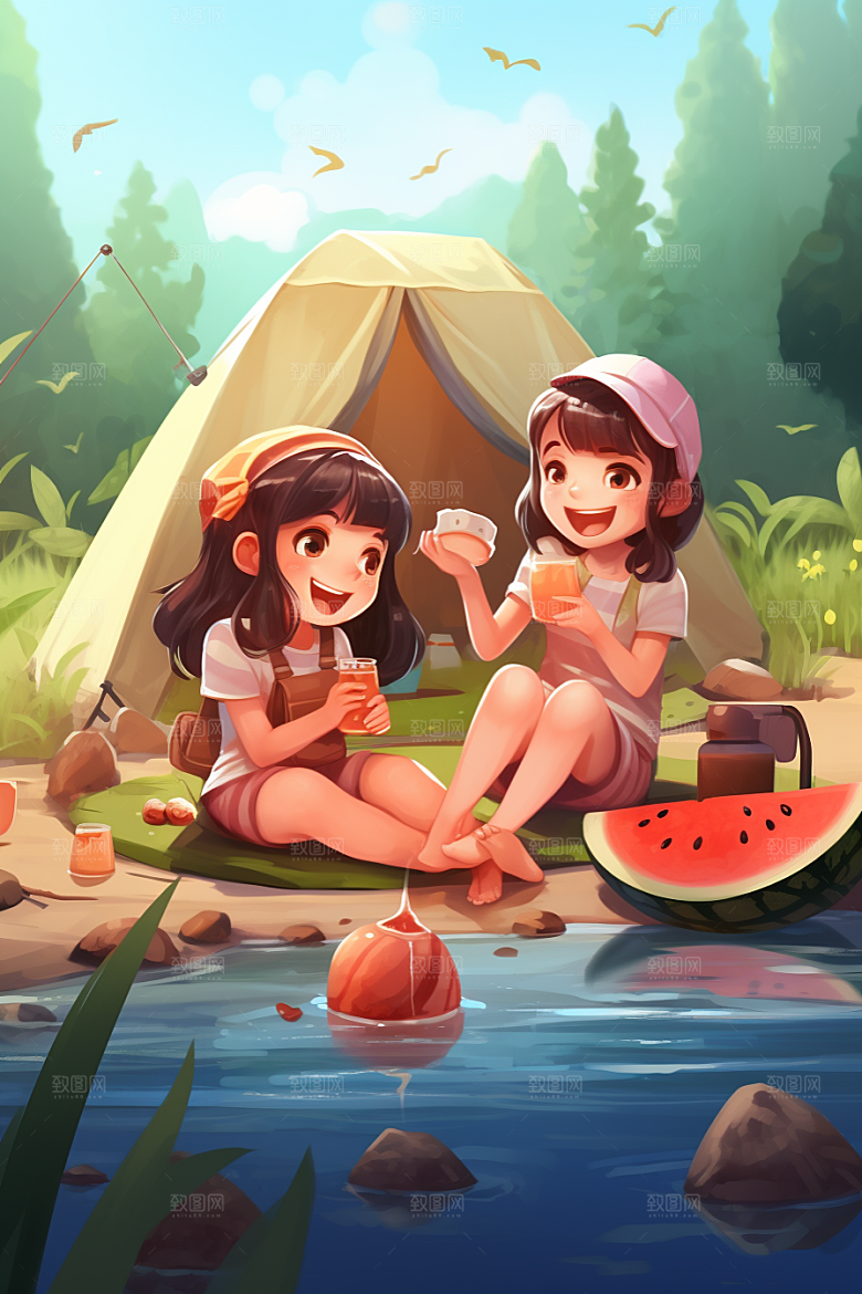学生放暑假夏天结业插画