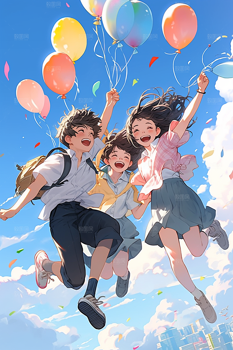 学生放暑假结业结伴插画