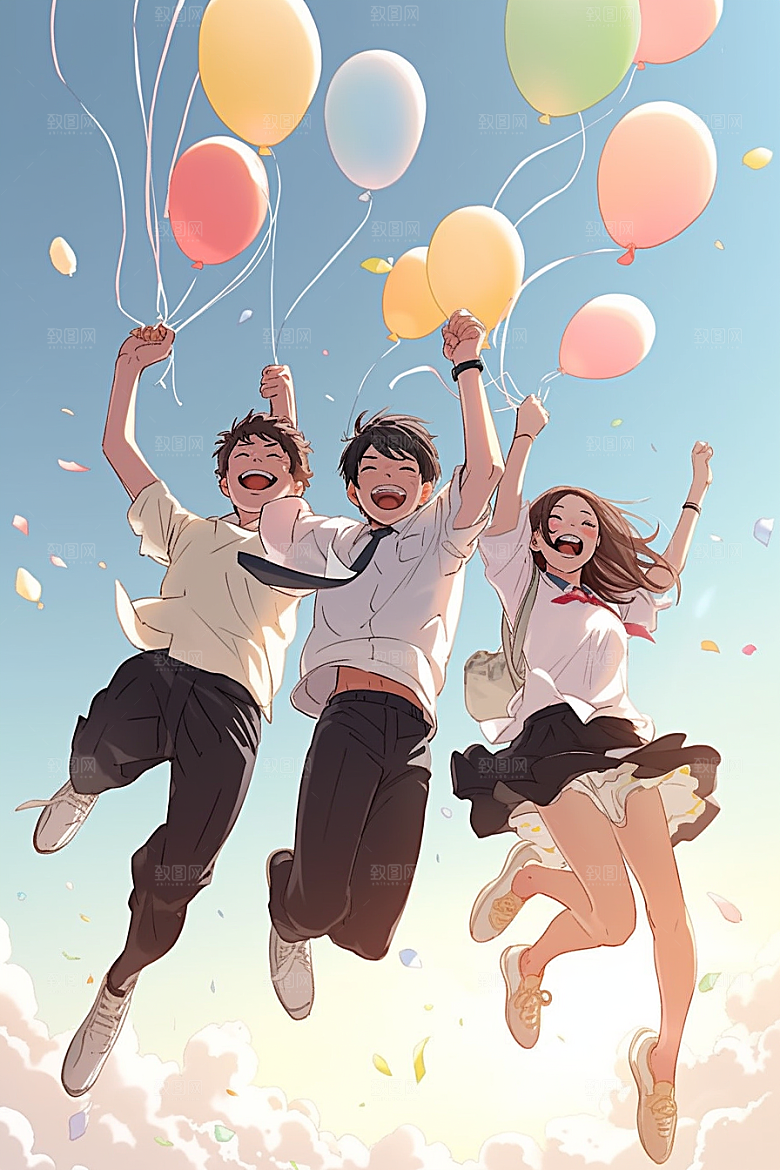 学生放暑假结伴出游插画
