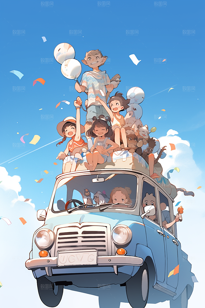 学生放暑假放假了旅游插画