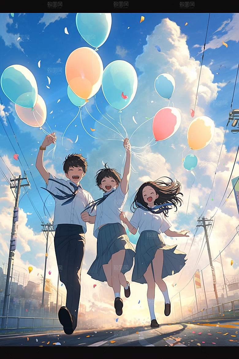 学生放暑假夏天结伴插画
