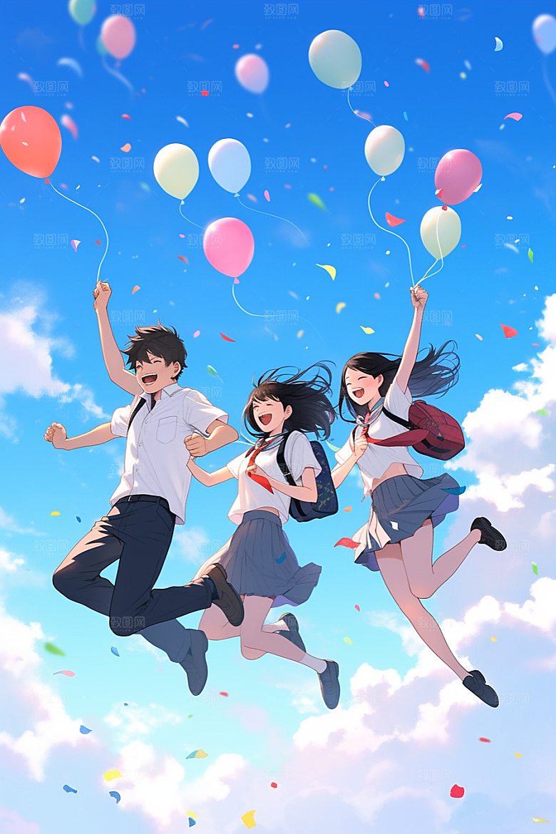 学生放暑假漫画风出游插画