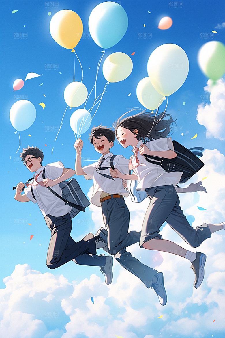 学生放暑假手绘结伴插画