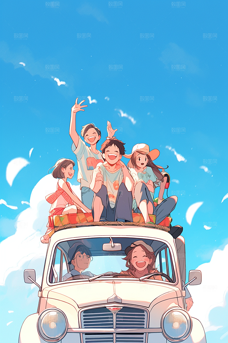 学生放暑假结业毕业旅游插画