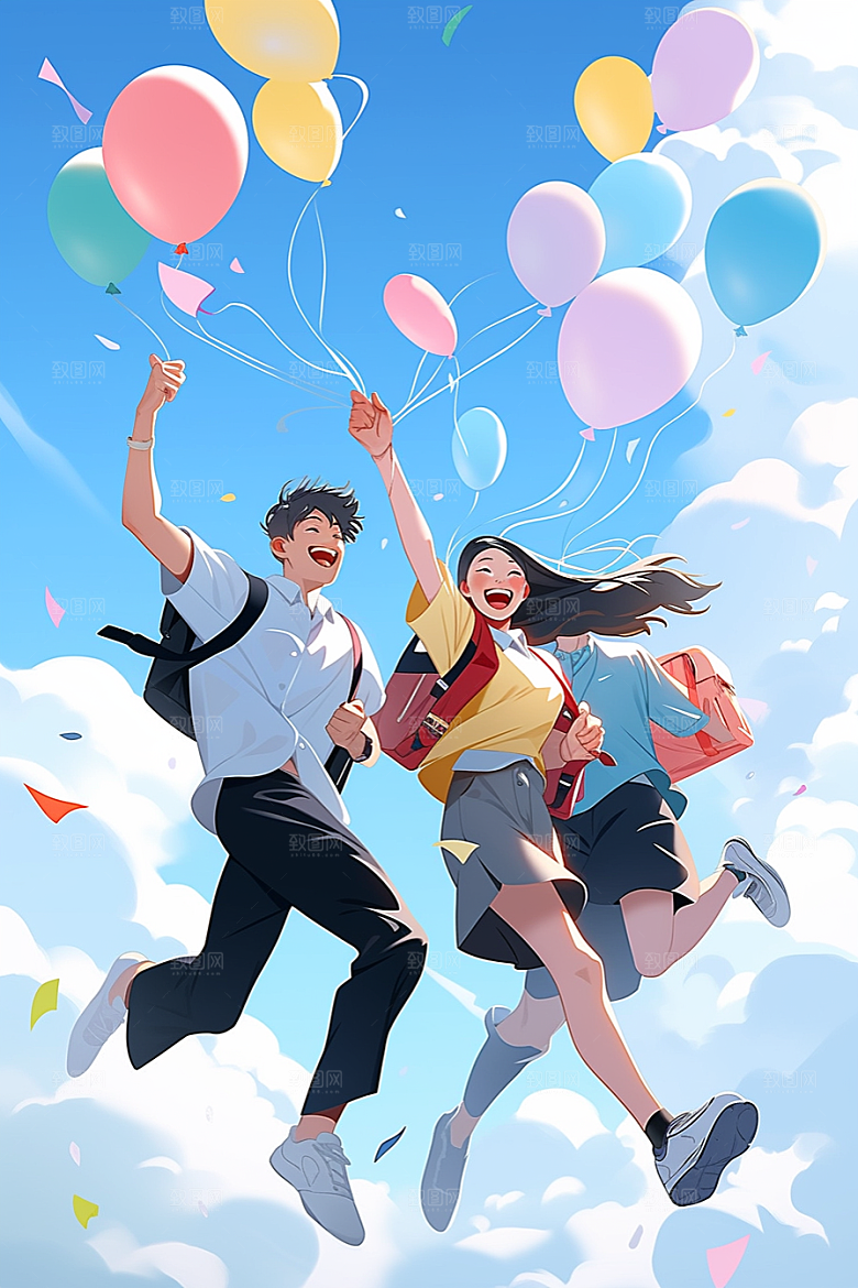 学生放暑假放假了漫画风插画