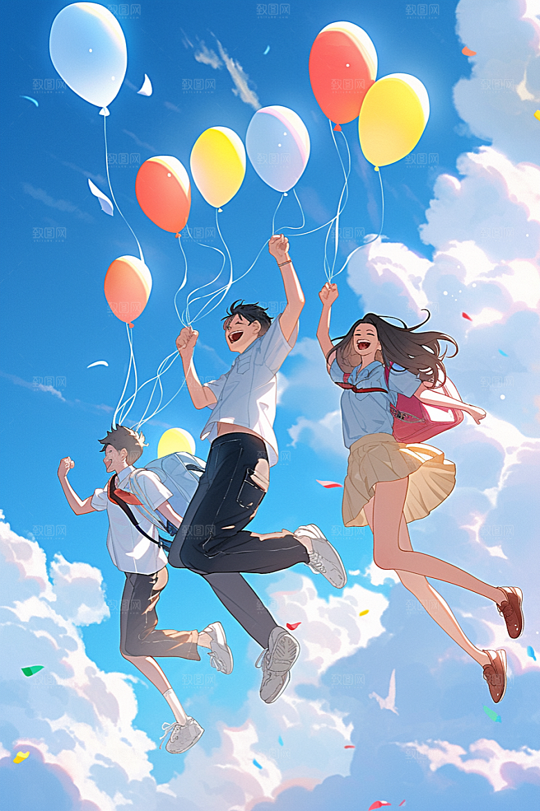 学生放暑假手绘漫画风插画