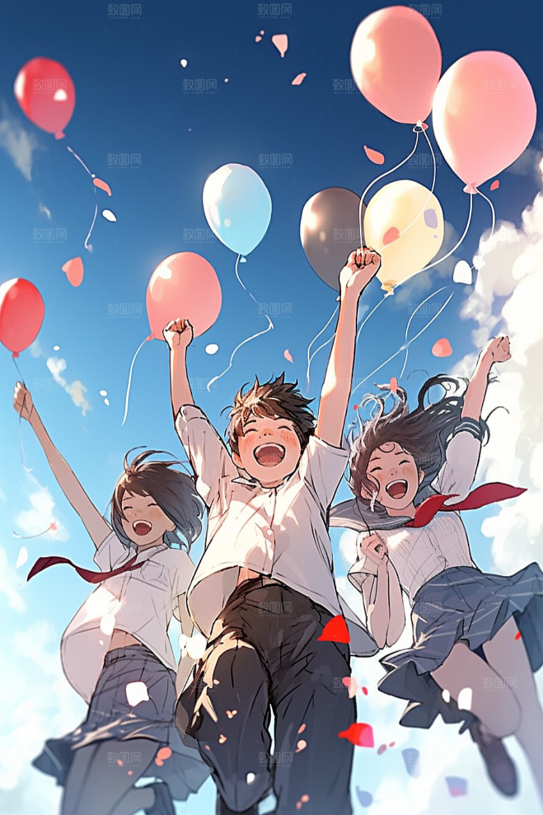 学生放暑假结伴出游插画