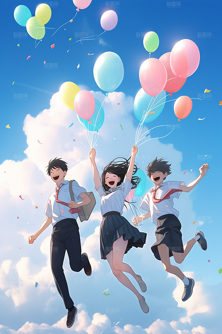 学生放暑假夏天漫画风插画