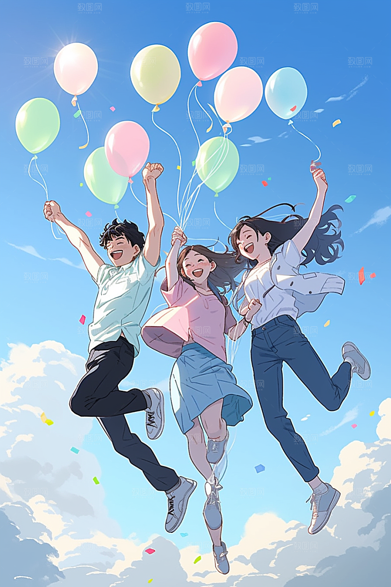 学生放暑假毕业旅游结伴插画
