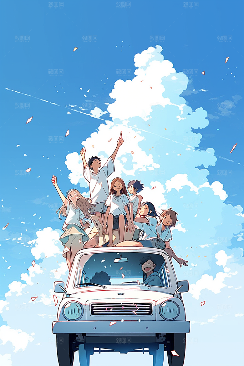 学生放暑假结伴快乐插画