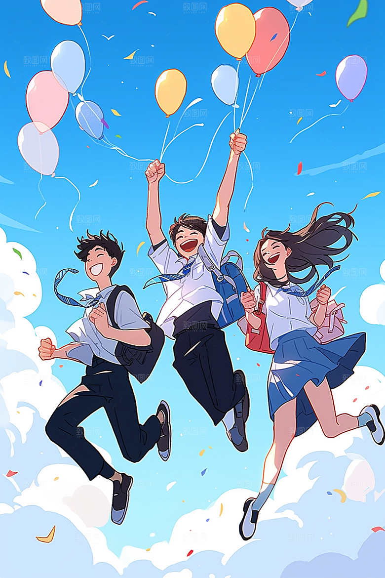学生放暑假结伴放假了插画