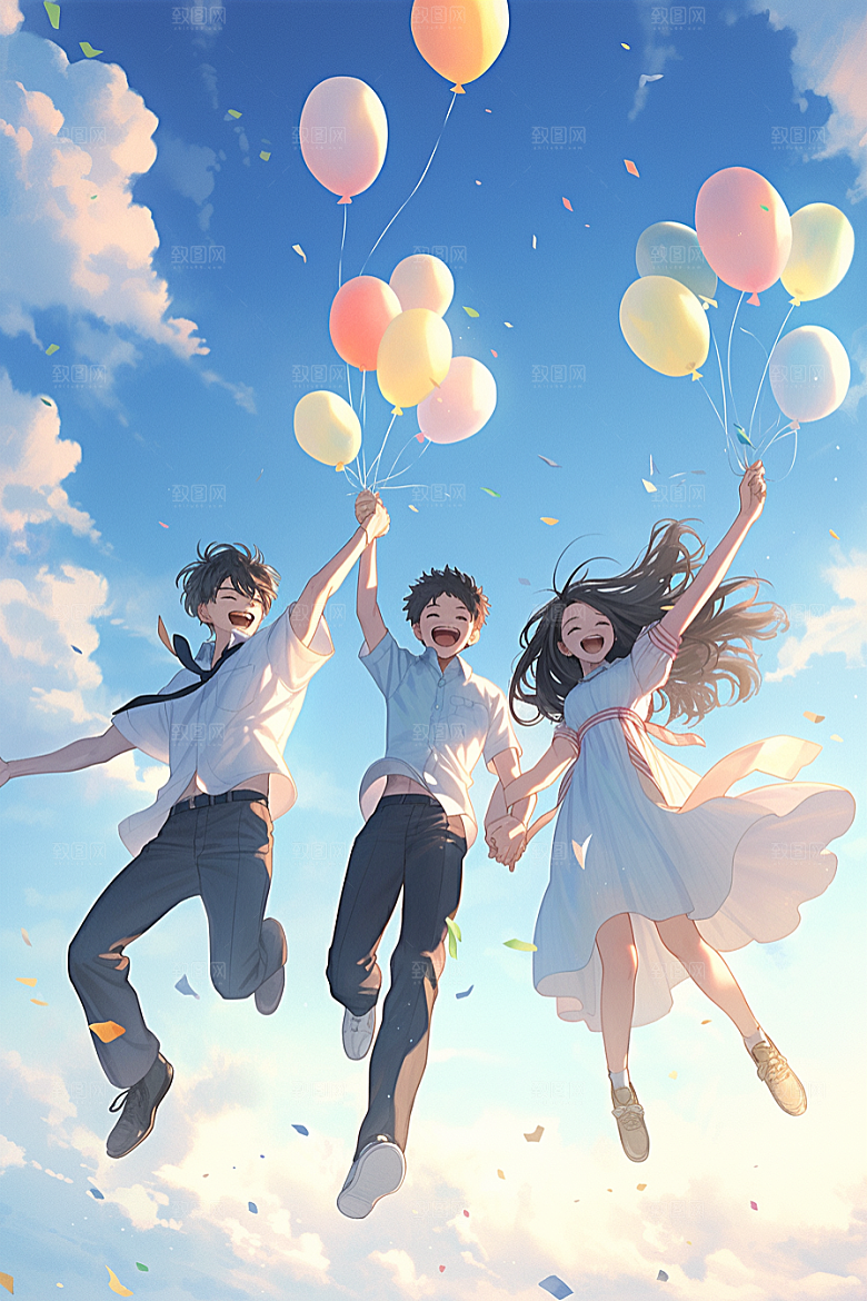 学生放暑假结伴毕业旅游插画