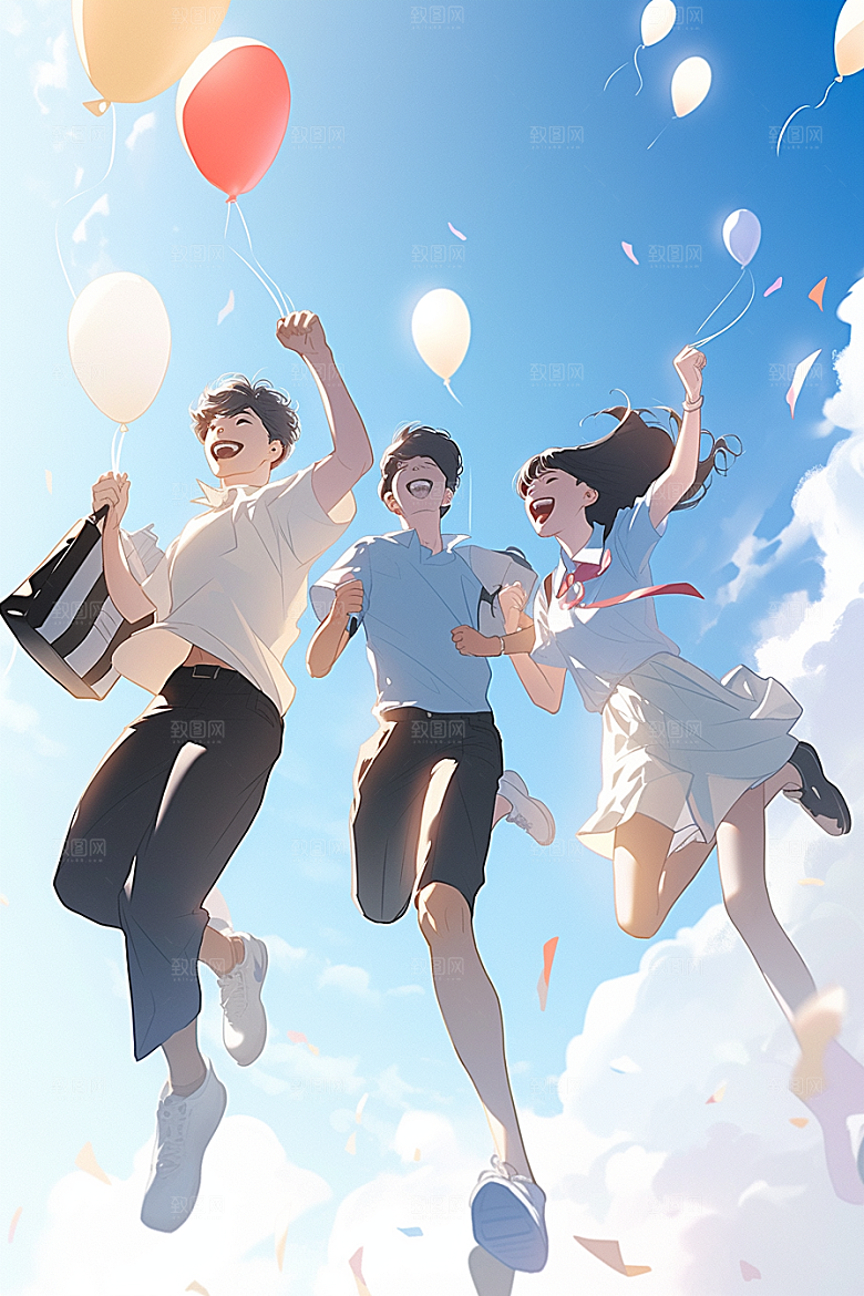 学生放暑假夏天漫画风插画