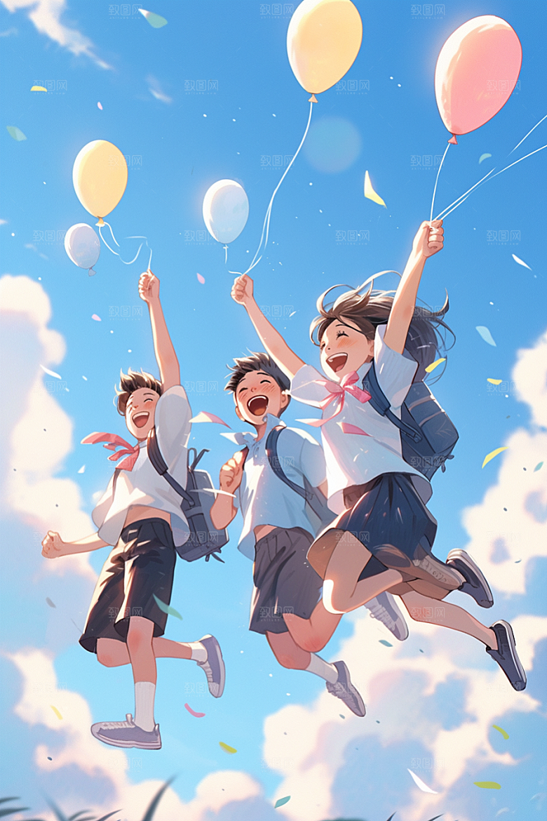 学生放暑假夏天结伴插画