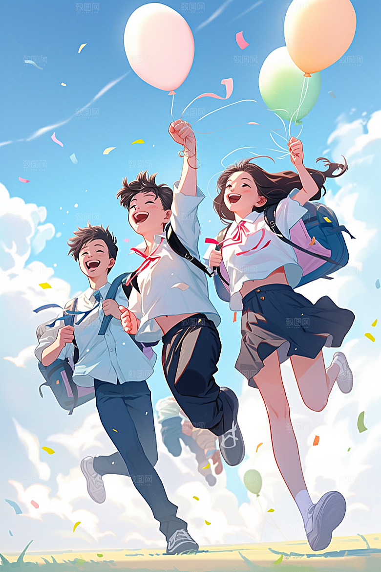 学生放暑假放假了出游插画