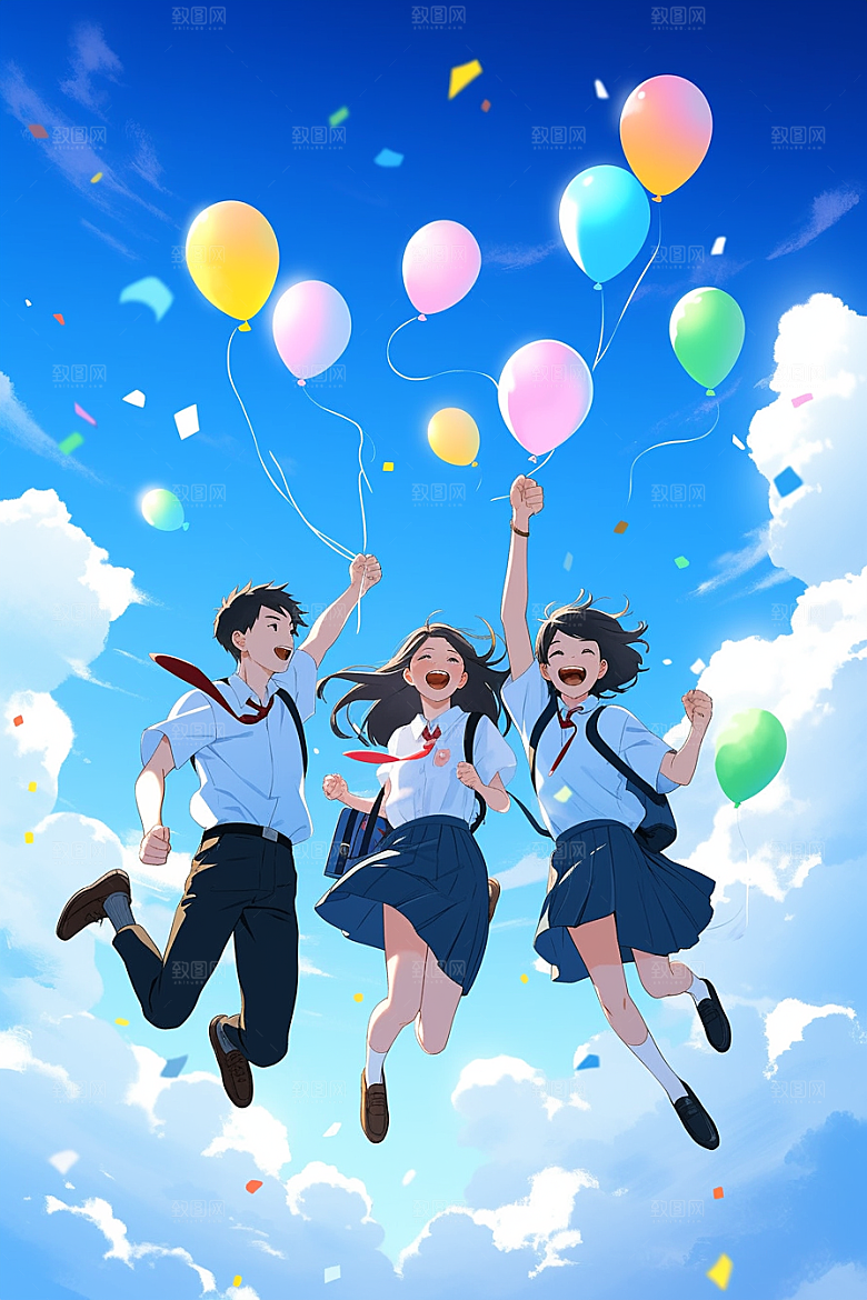 学生放暑假放假了结伴插画
