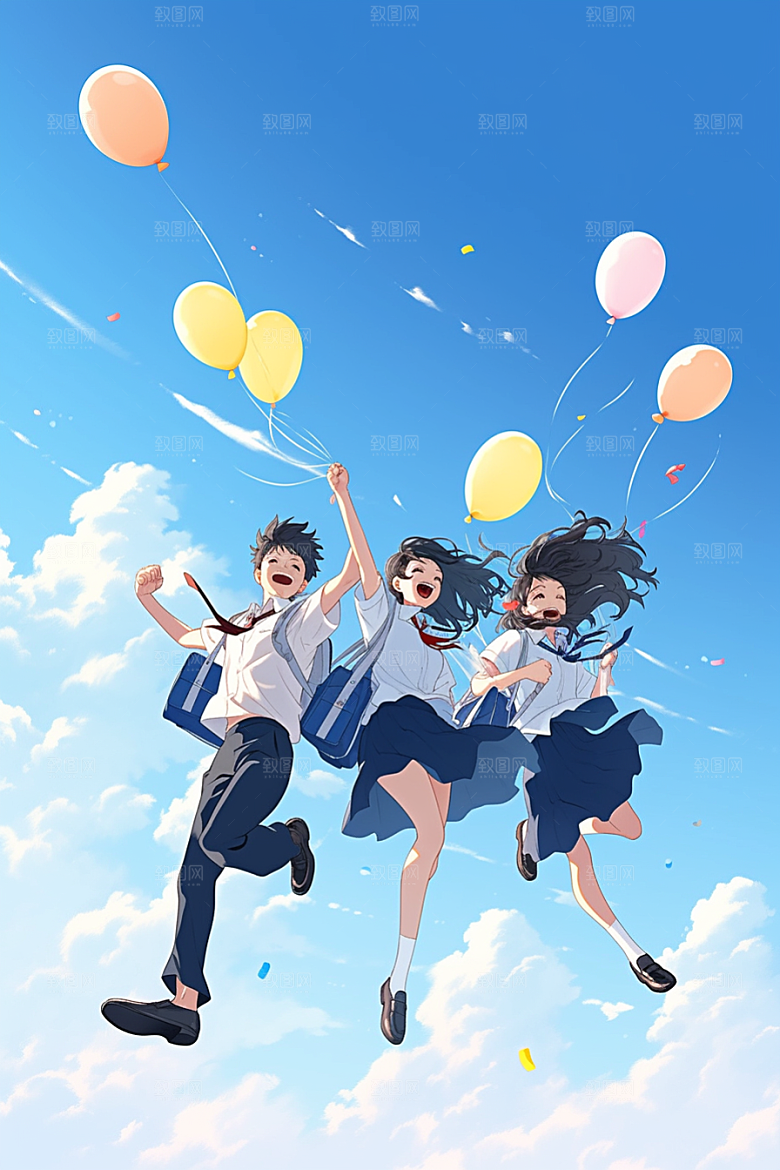 学生放暑假结伴出游插画