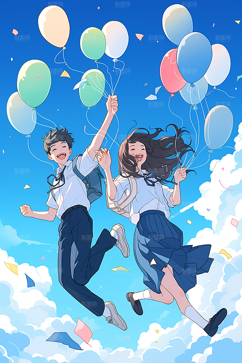 学生放暑假放假了漫画风插画