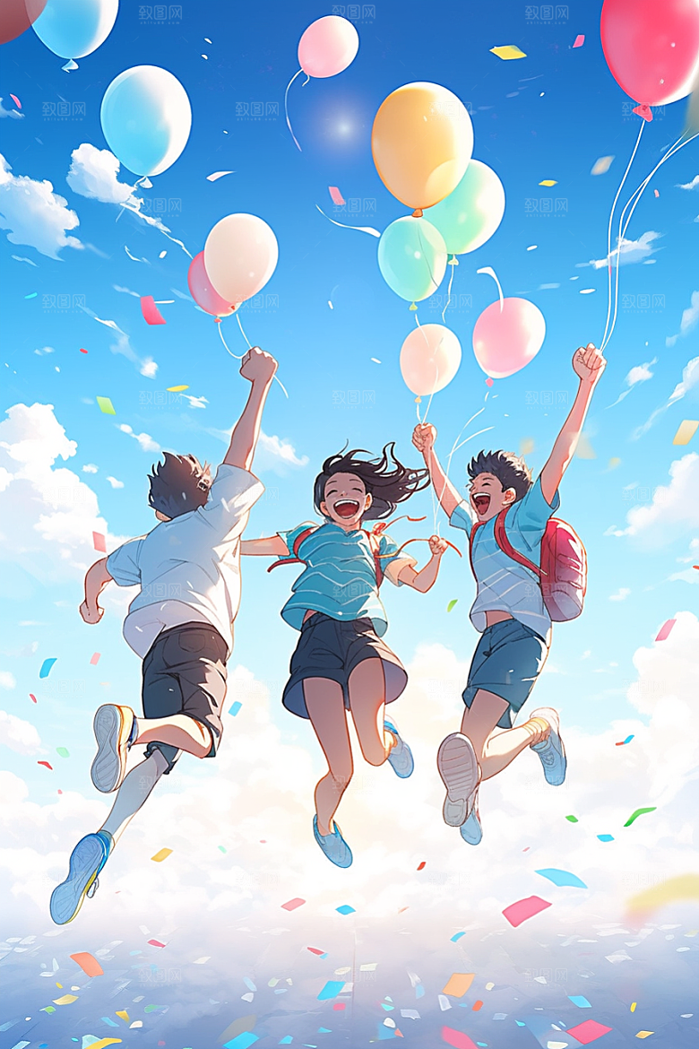 学生放暑假漫画风出游插画