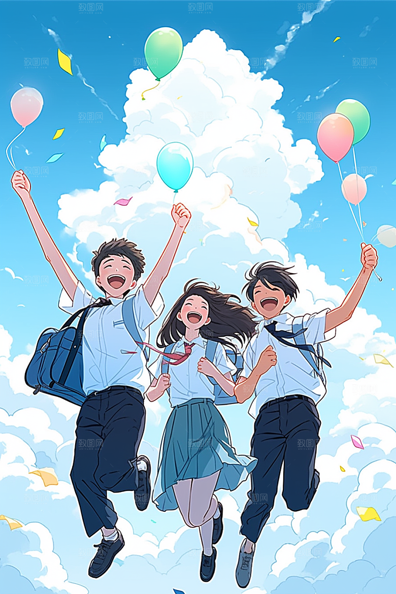 学生放暑假结业夏天插画