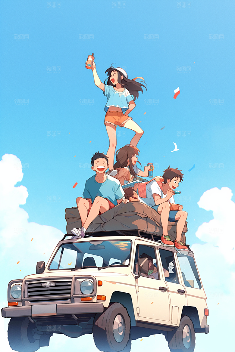 学生放暑假放假了夏天插画
