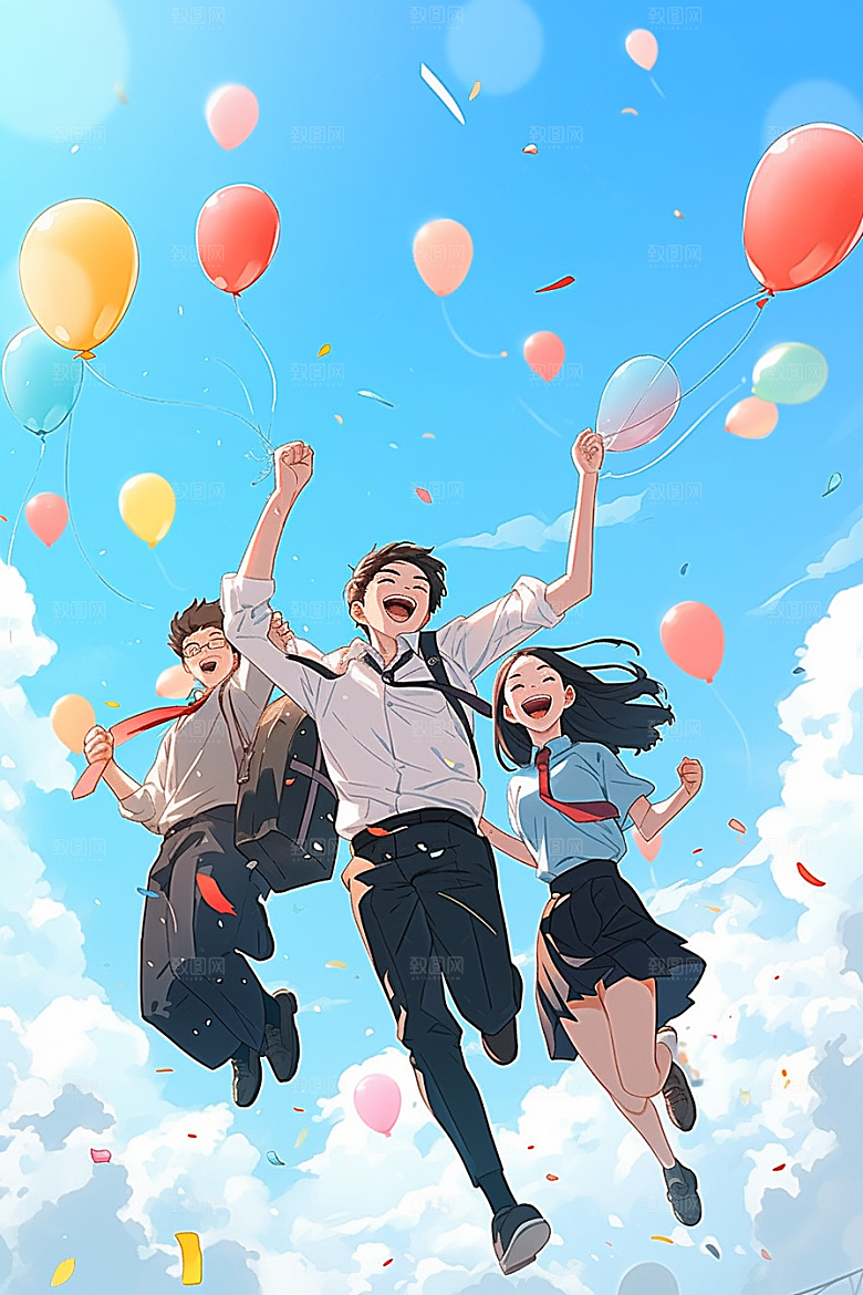学生放暑假夏季结伴插画