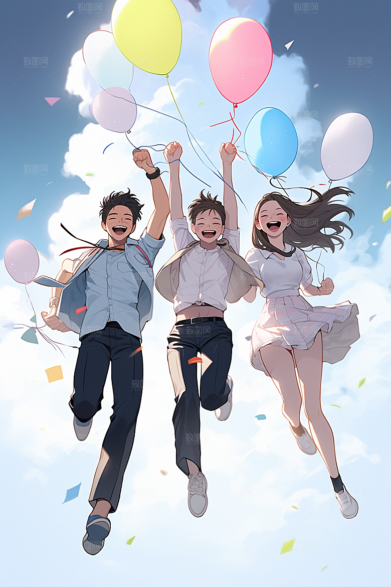 学生放暑假漫画风旅游插画