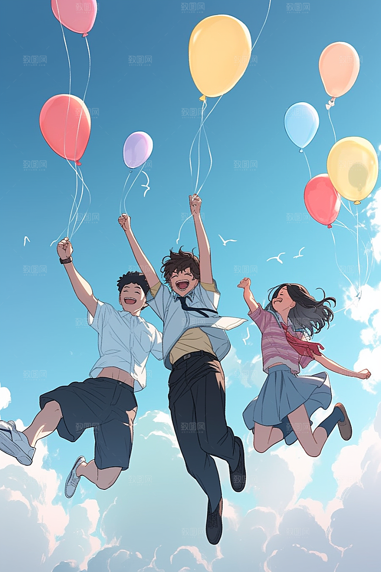 学生放暑假结伴漫画风插画