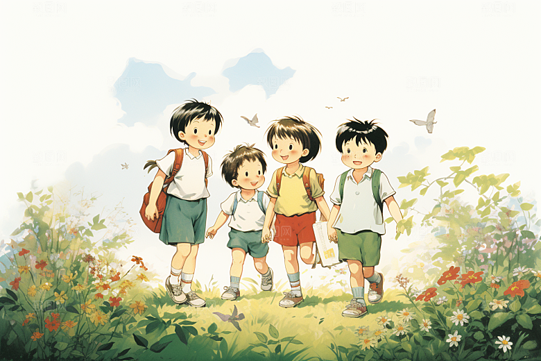 学生放暑假结伴出游插画