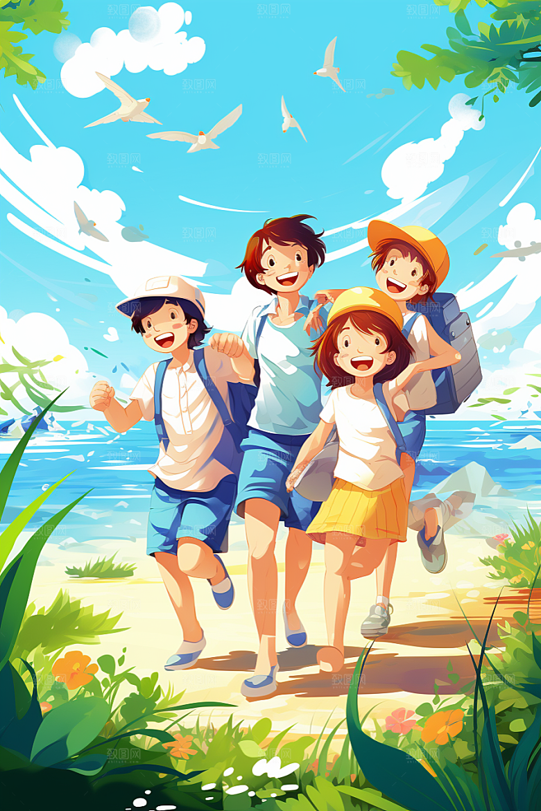 学生放暑假放假了出游插画