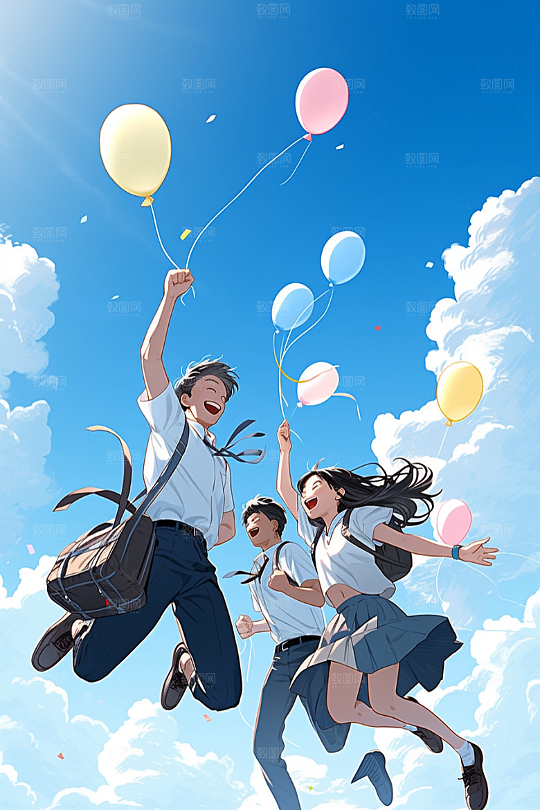 学生放暑假漫画风毕业旅游插画