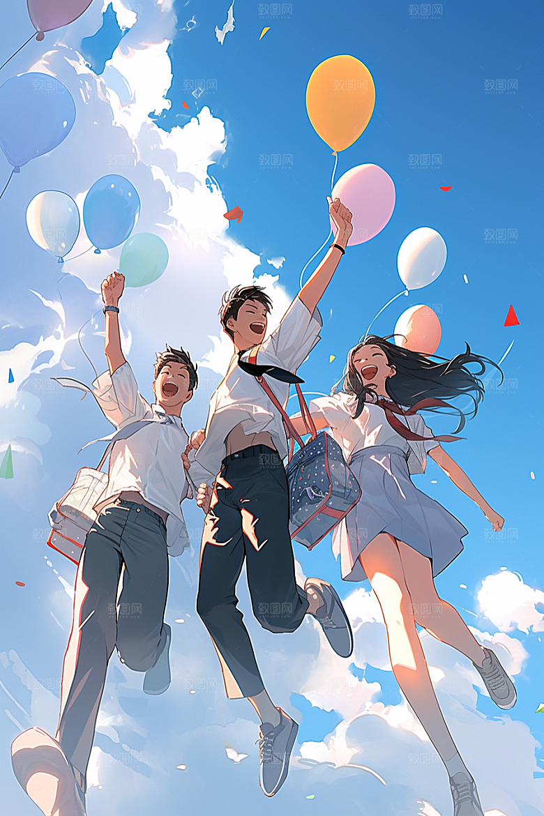 学生放暑假夏季结伴插画