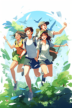 学生放暑假夏天毕业旅游插画