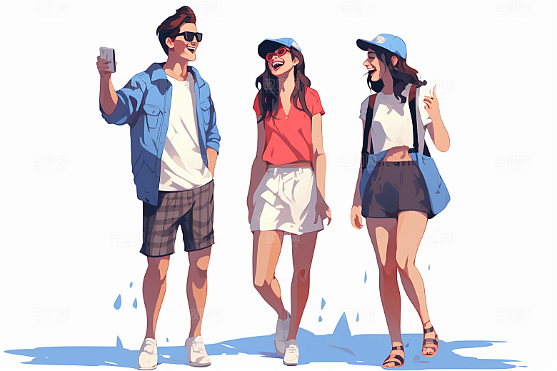 学生放暑假漫画风旅游插画