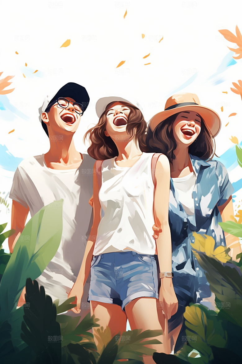 学生放暑假结伴出游插画