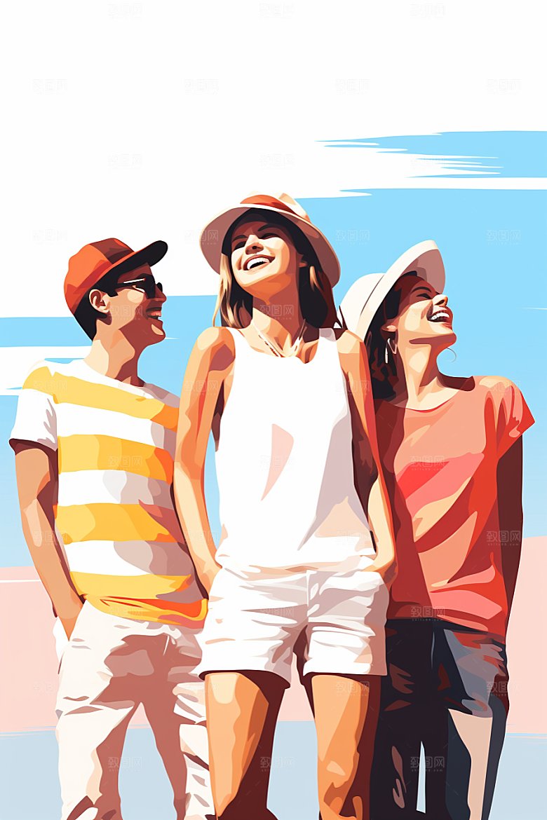 学生放暑假出游夏天插画