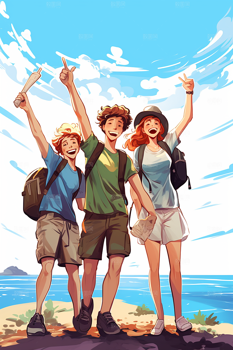 学生放暑假放假了毕业旅游插画