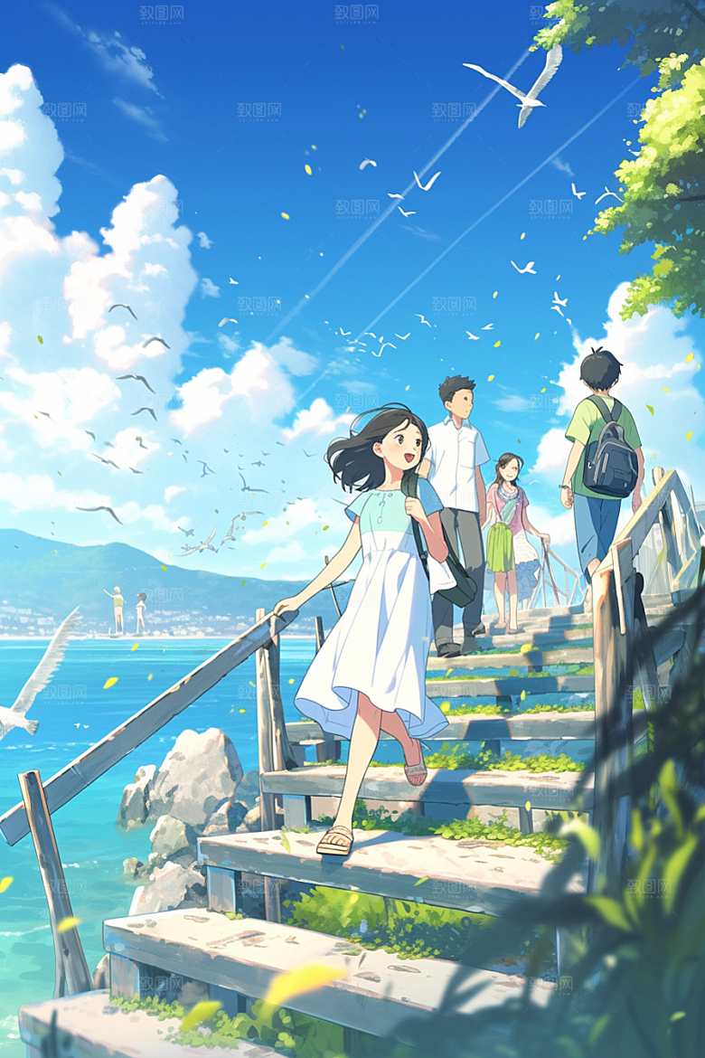 学生放暑假手绘毕业旅游插画