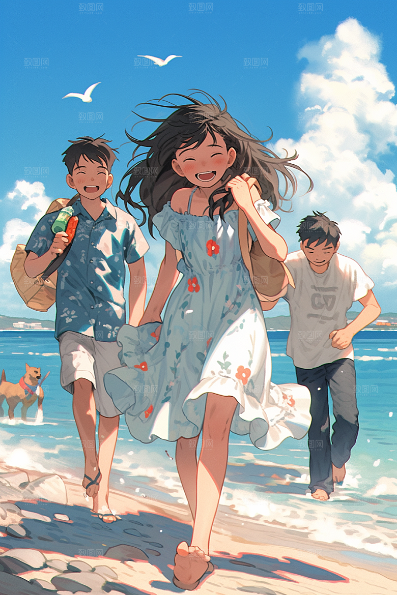 学生放暑假漫画风夏季插画