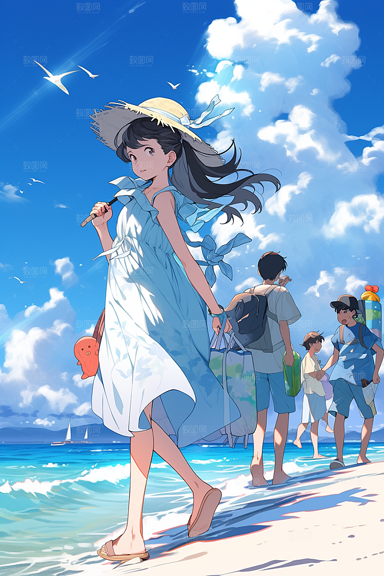 学生放暑假毕业旅游放假了插画