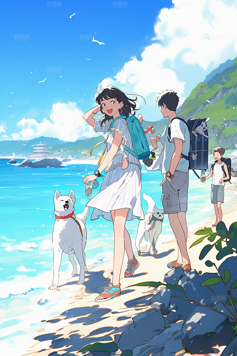 学生放暑假结伴出游插画