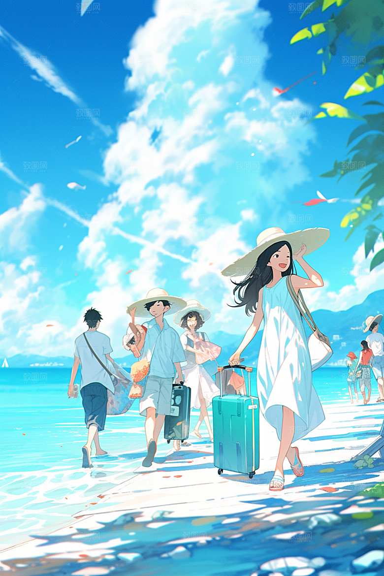 学生放暑假毕业旅游夏季插画