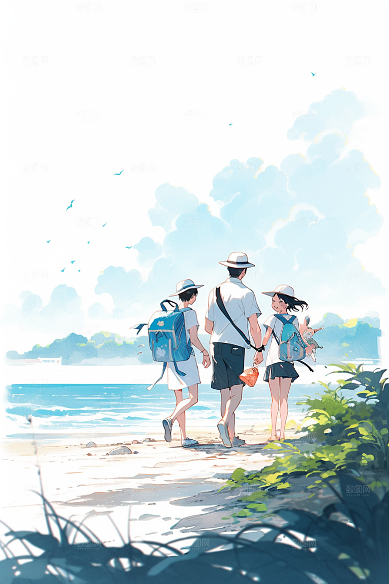 学生放暑假手绘出游插画