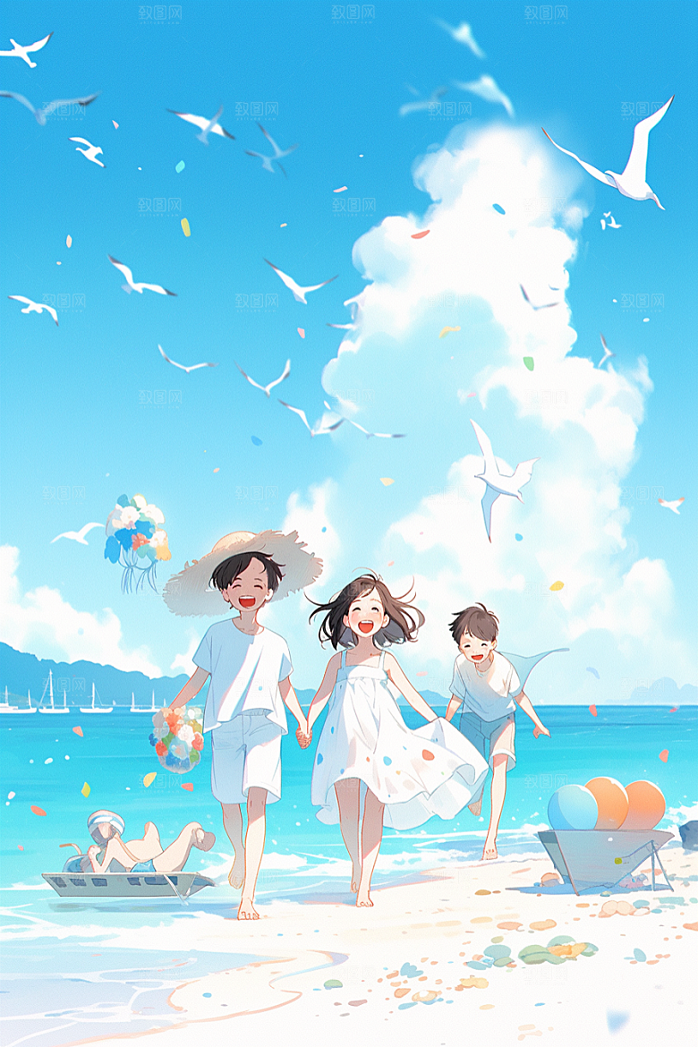 学生放暑假毕业旅游快乐插画